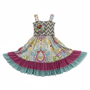 Mustard Pie Girls Dress Boho Floral Ruffle Chevron Bloom Applique Size 7